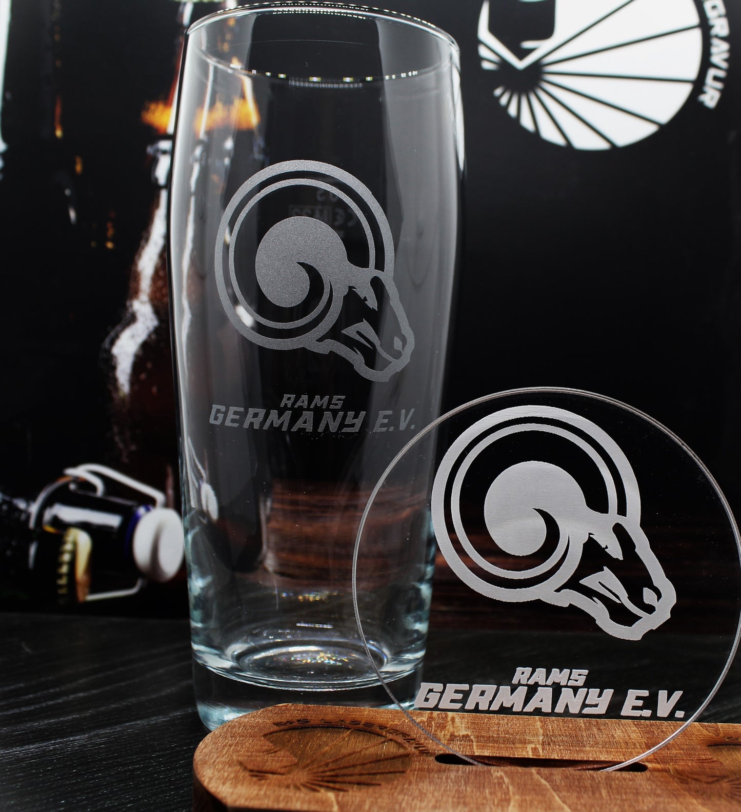 Bierglas 0,5l und Untersetzer Set Rams Germany