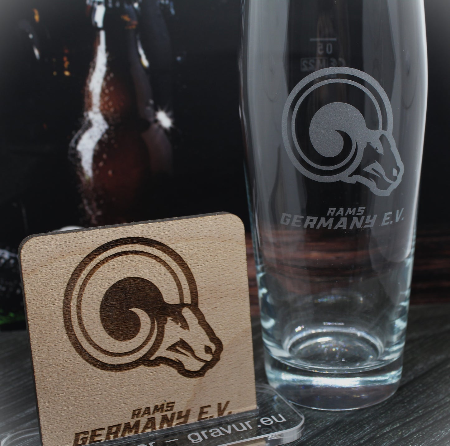 Bierglas 0,5l und Untersetzer Set Rams Germany